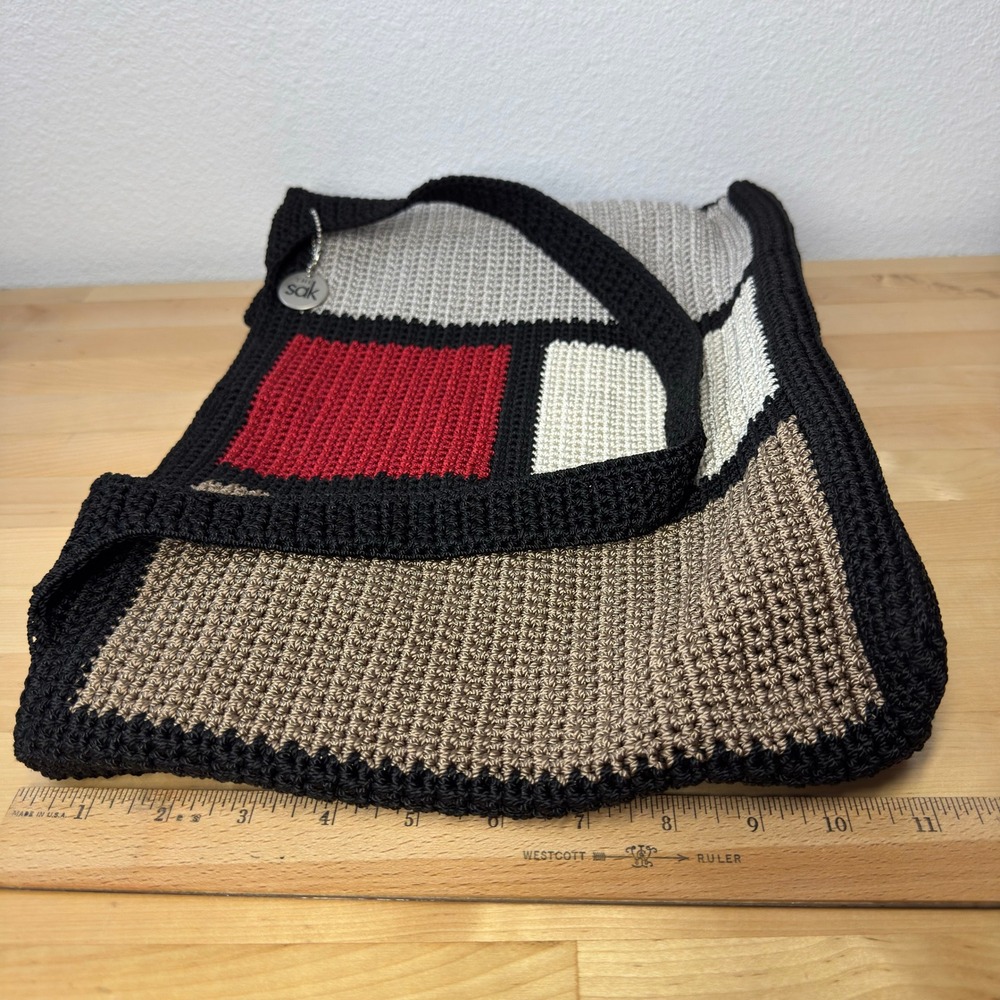 The Sak Crochet Hobo Bag Colorblock Geometric Black Red Tan Shoulder Bag Boho - Picture 7 of 11
